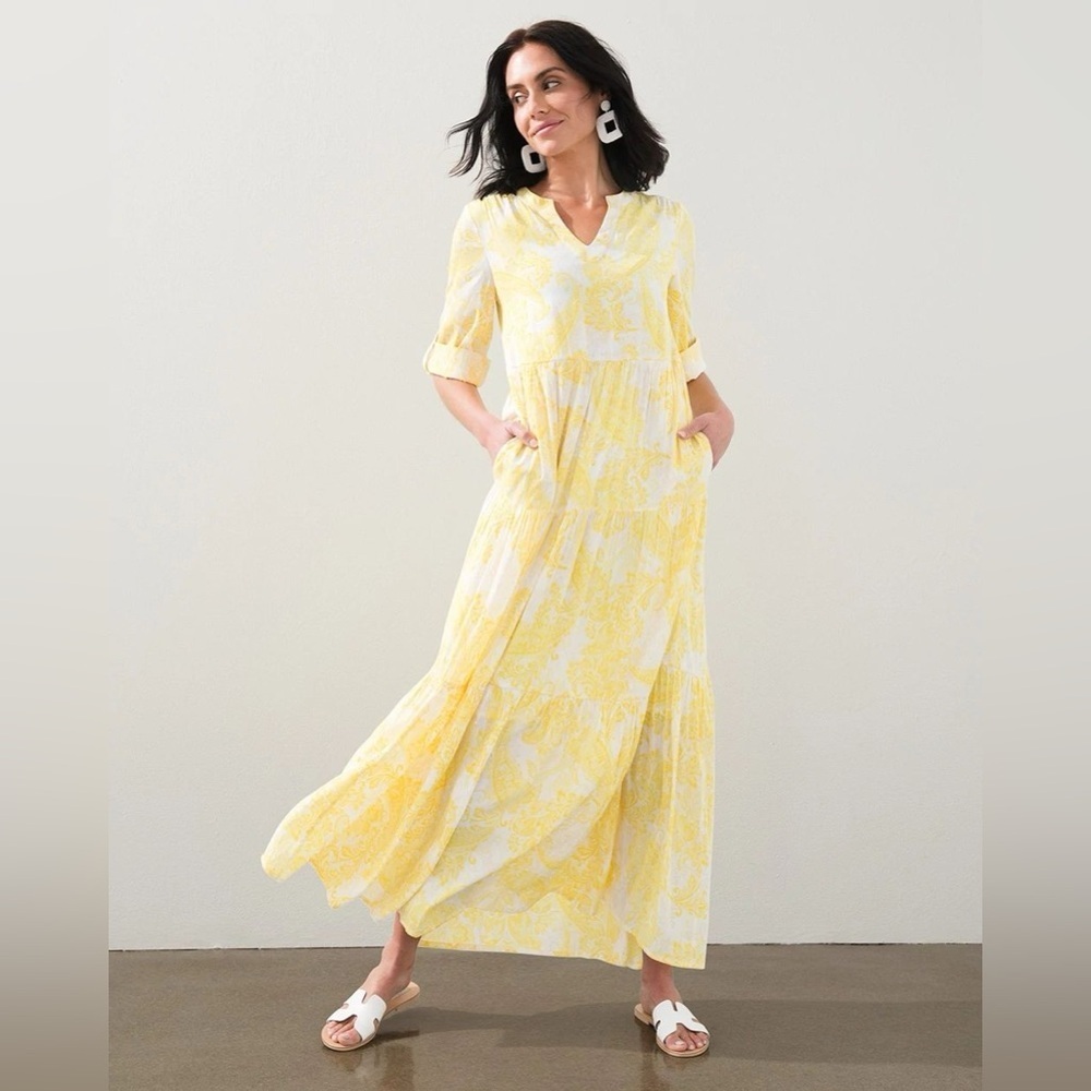 Chico’s tiered paisley maxi dress yellow white size 8/10P spring Easter‎ wedding